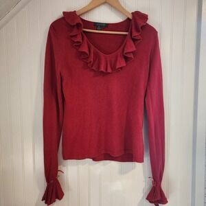 Lauren Ralph Lauren Red Silk Cashmere Ruffle Neck Sweater Velvet Tie Cuff L